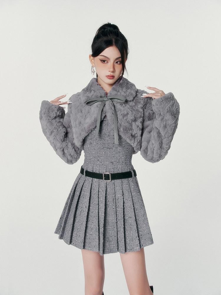 VOCK Boucle Tweed Pleated A Line Women's Polyester Wool Blend Halter Mini Dresses