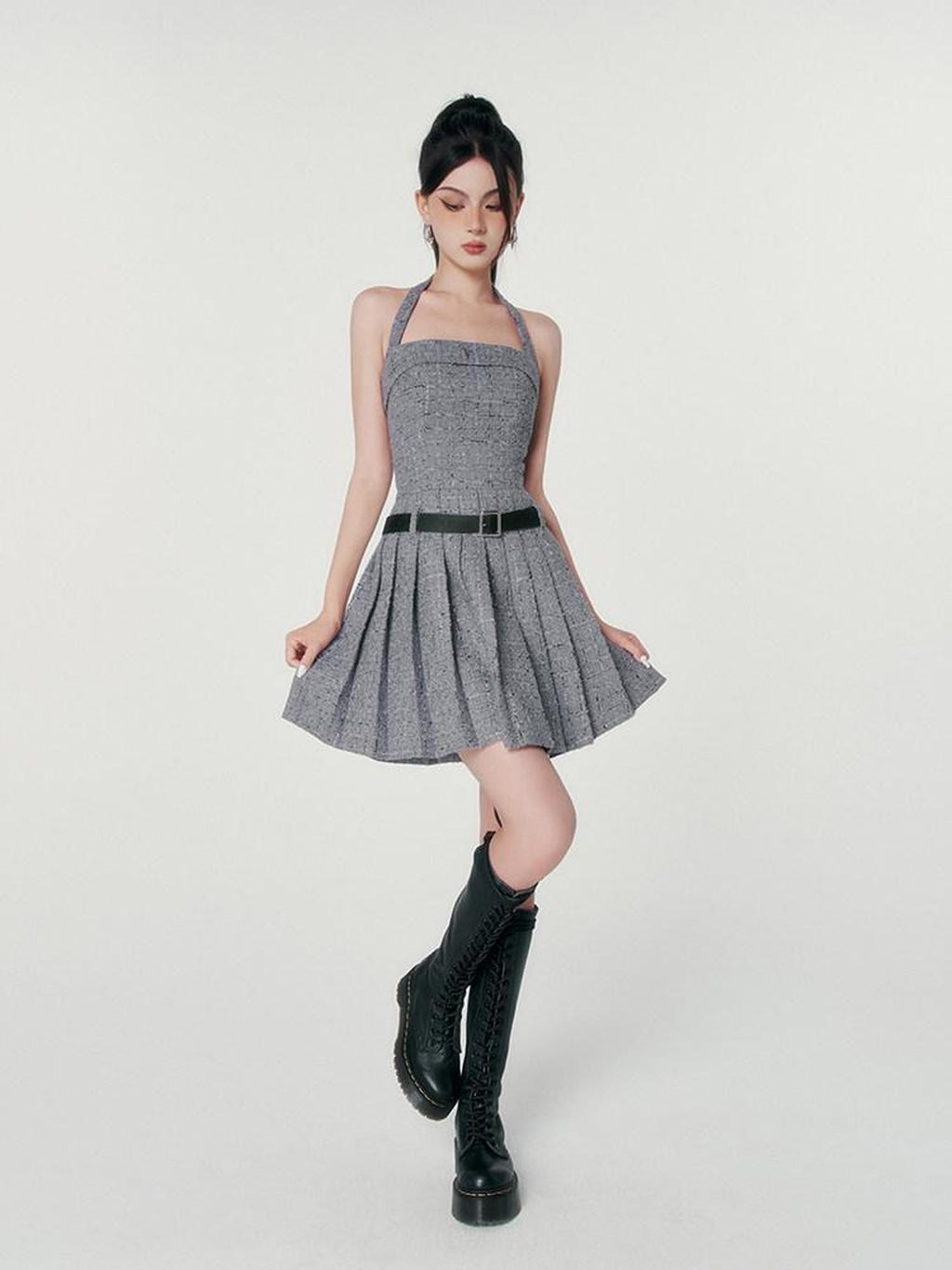 VOCK Boucle Tweed Pleated A Line Women's Polyester Wool Blend Halter Mini Dresses