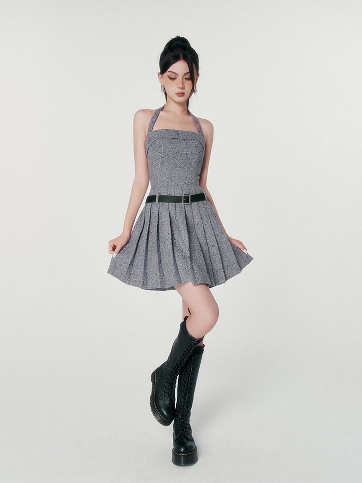 VOCK Boucle Tweed Pleated A Line Women's Polyester Wool Blend Halter Mini Dresses