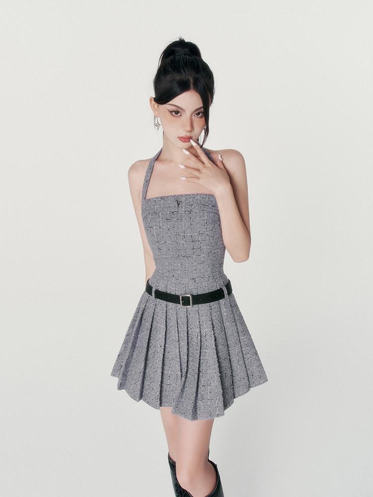 VOCK Boucle Tweed Pleated A Line Women's Polyester Wool Blend Halter Mini Dresses