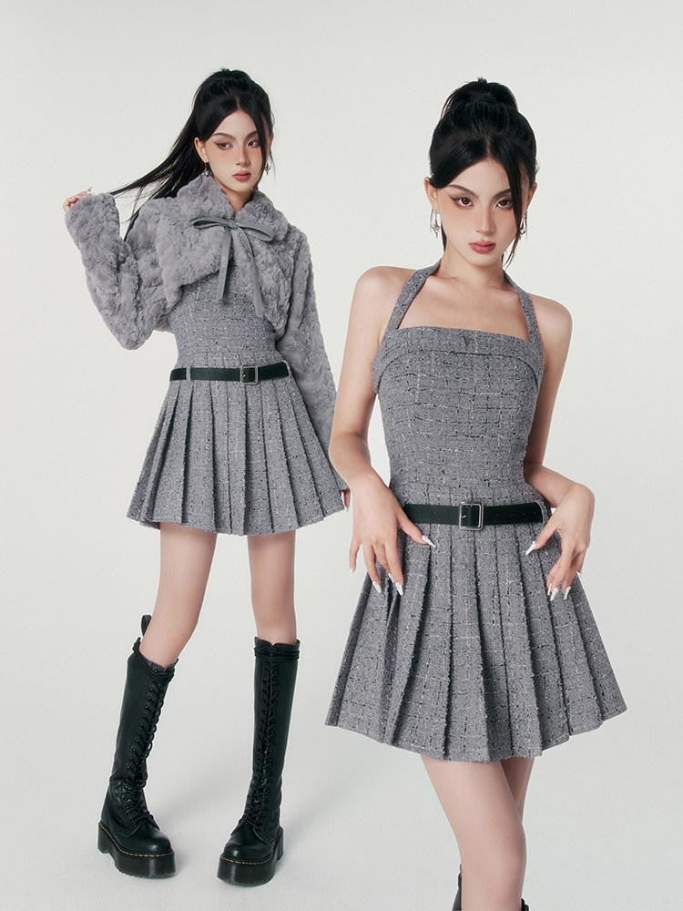 VOCK Boucle Tweed Pleated A Line Women's Polyester Wool Blend Halter Mini Dresses