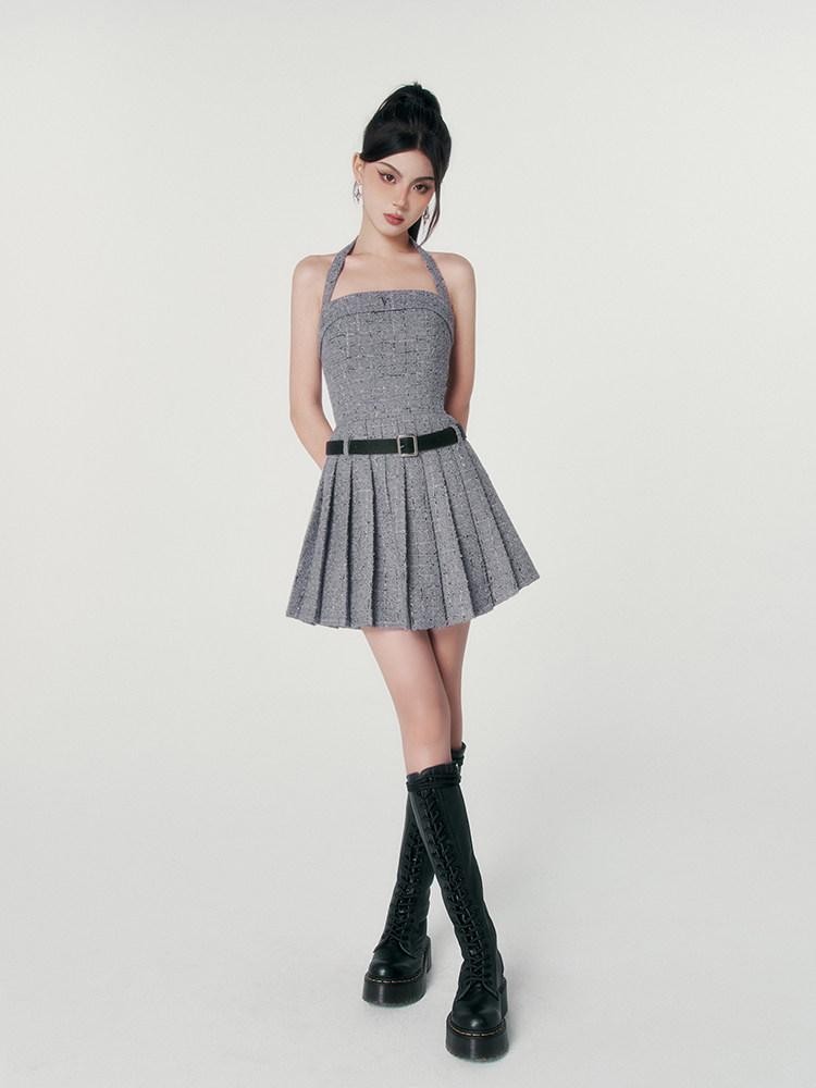 VOCK Boucle Tweed Pleated A Line Women's Polyester Wool Blend Halter Mini Dresses