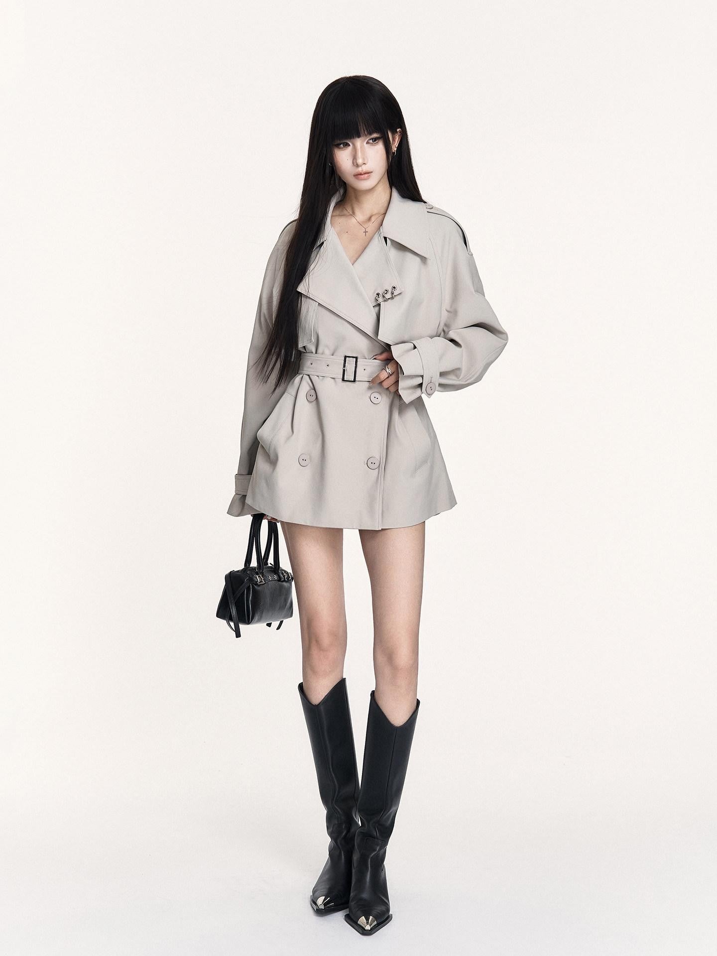 VOCK British Double Breasted Lapel Waist Pockets Women's Polyester Trench Coats