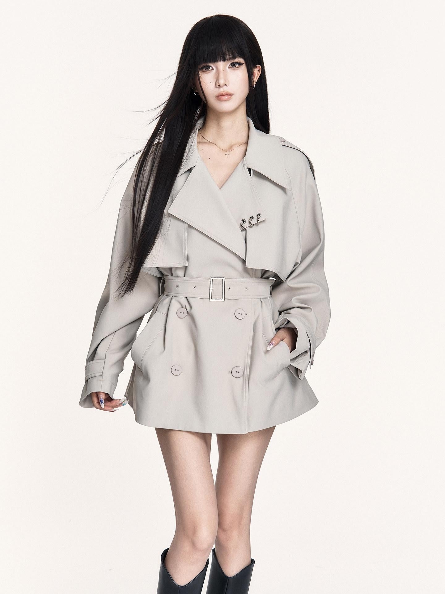 VOCK British Double Breasted Lapel Waist Pockets Women's Polyester Trench Coats