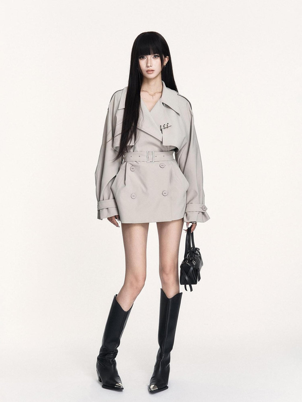 VOCK British Double Breasted Lapel Waist Pockets Women's Polyester Trench Coats