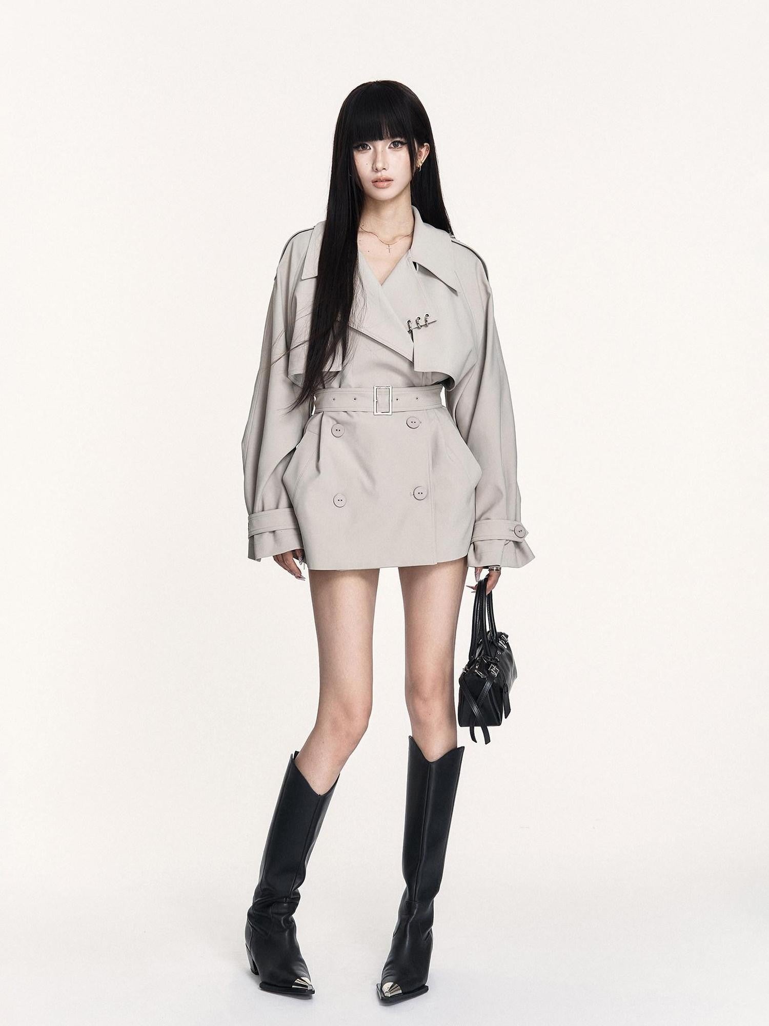 VOCK British Double Breasted Lapel Waist Pockets Women's Polyester Trench Coats