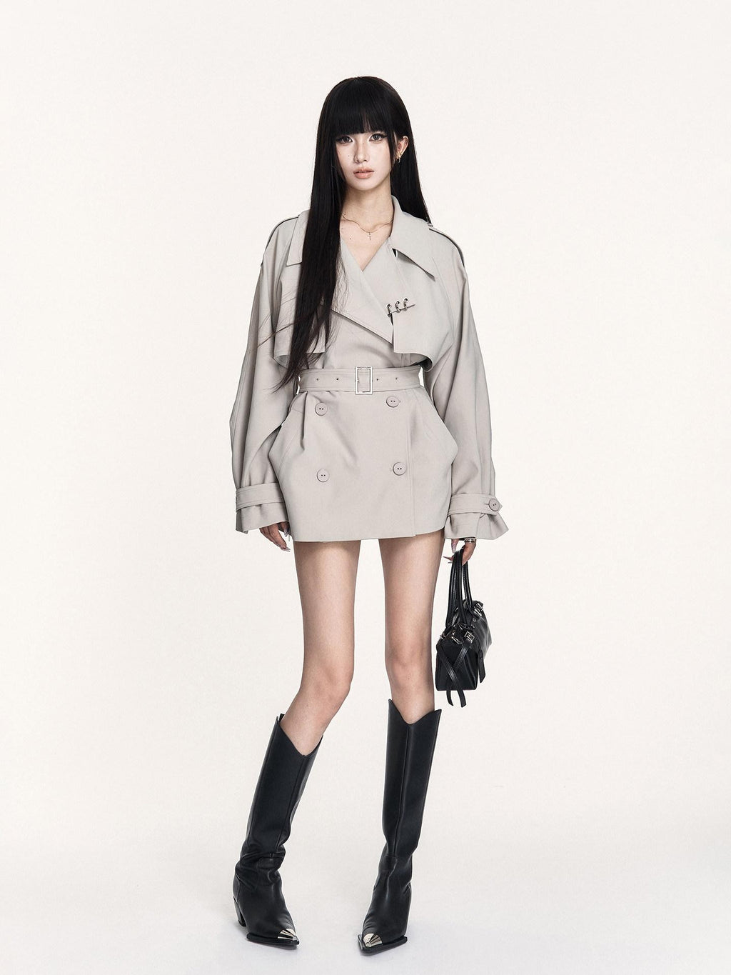 VOCK British Double Breasted Lapel Waist Pockets Women's Polyester Trench Coats