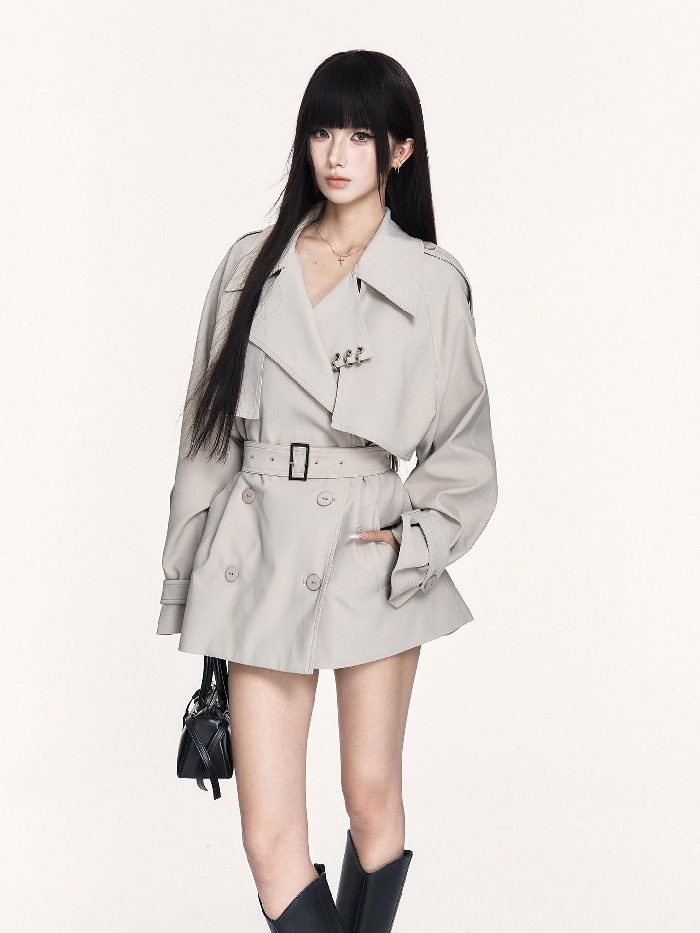 VOCK British Double Breasted Lapel Waist Pockets Women's Polyester Trench Coats