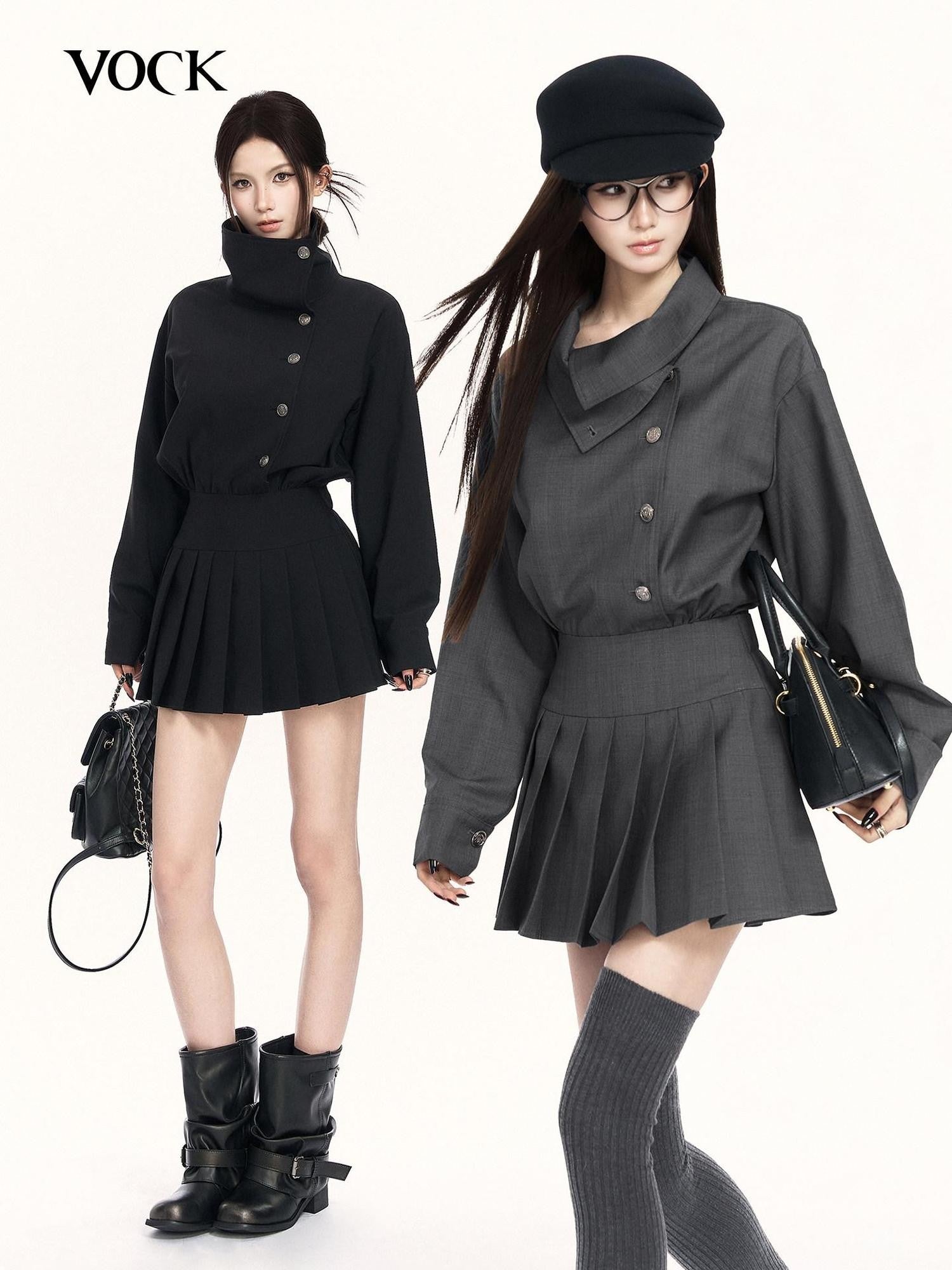 VOCK British Preppy Trench Style Pleated Women's Polyester Cotton Casual Mini Dresses
