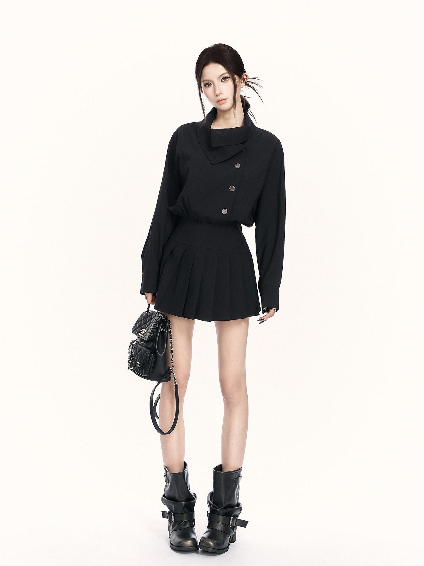VOCK British Preppy Trench Style Pleated Women's Polyester Cotton Casual Mini Dresses