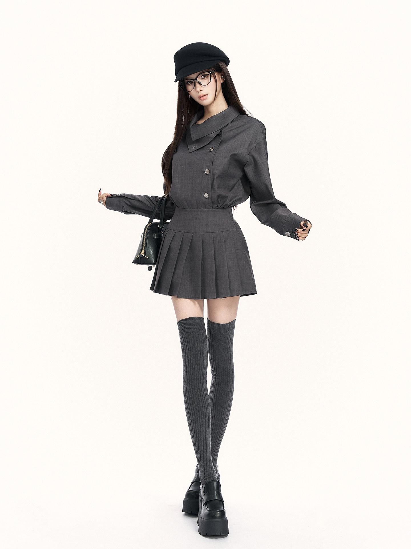VOCK British Preppy Trench Style Pleated Women's Polyester Cotton Casual Mini Dresses