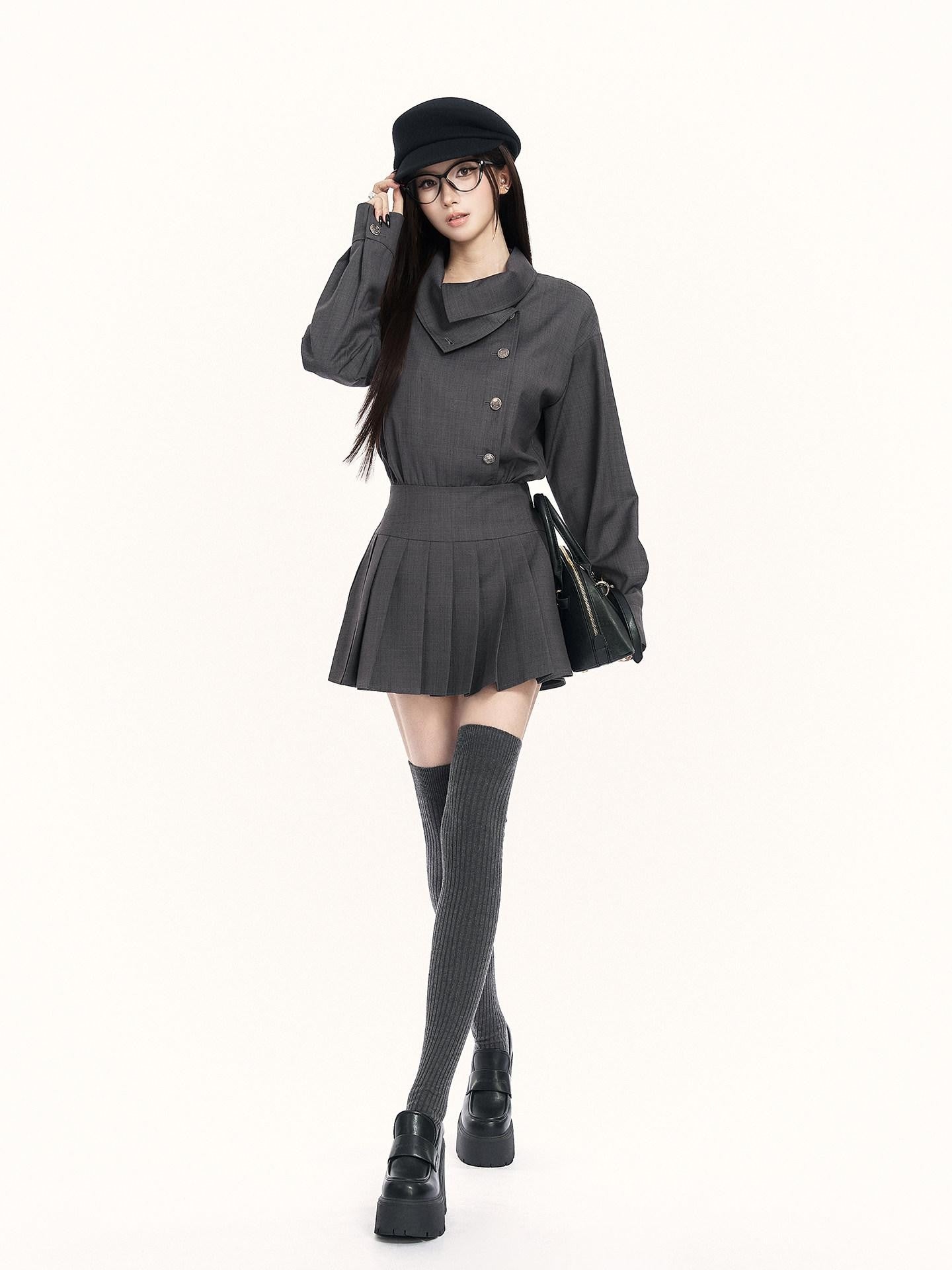 VOCK British Preppy Trench Style Pleated Women's Polyester Cotton Casual Mini Dresses