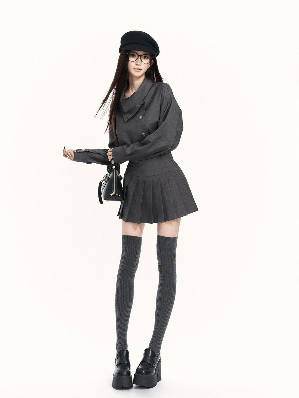 VOCK British Preppy Trench Style Pleated Women's Polyester Cotton Casual Mini Dresses
