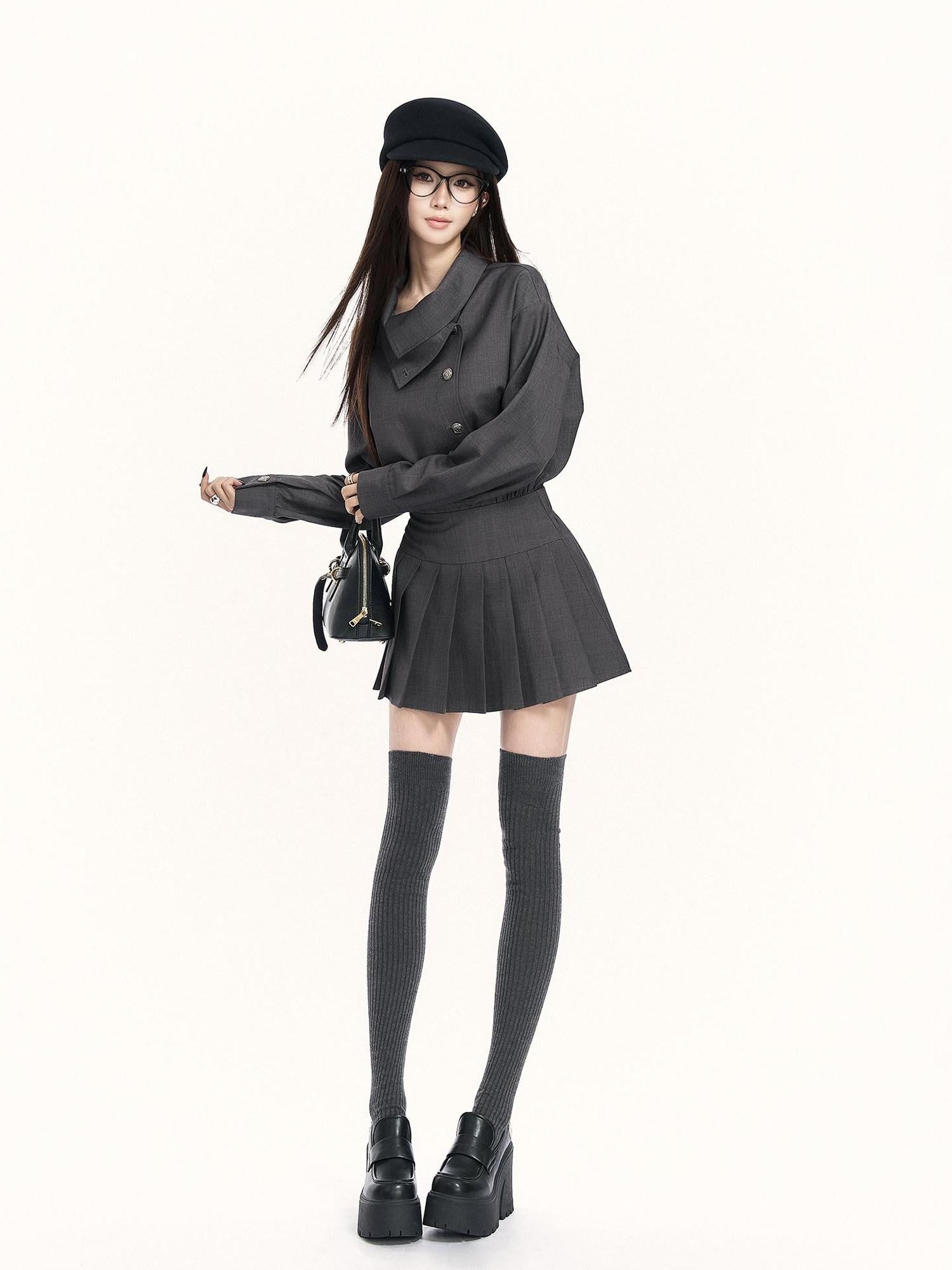 VOCK British Preppy Trench Style Pleated Women's Polyester Cotton Casual Mini Dresses