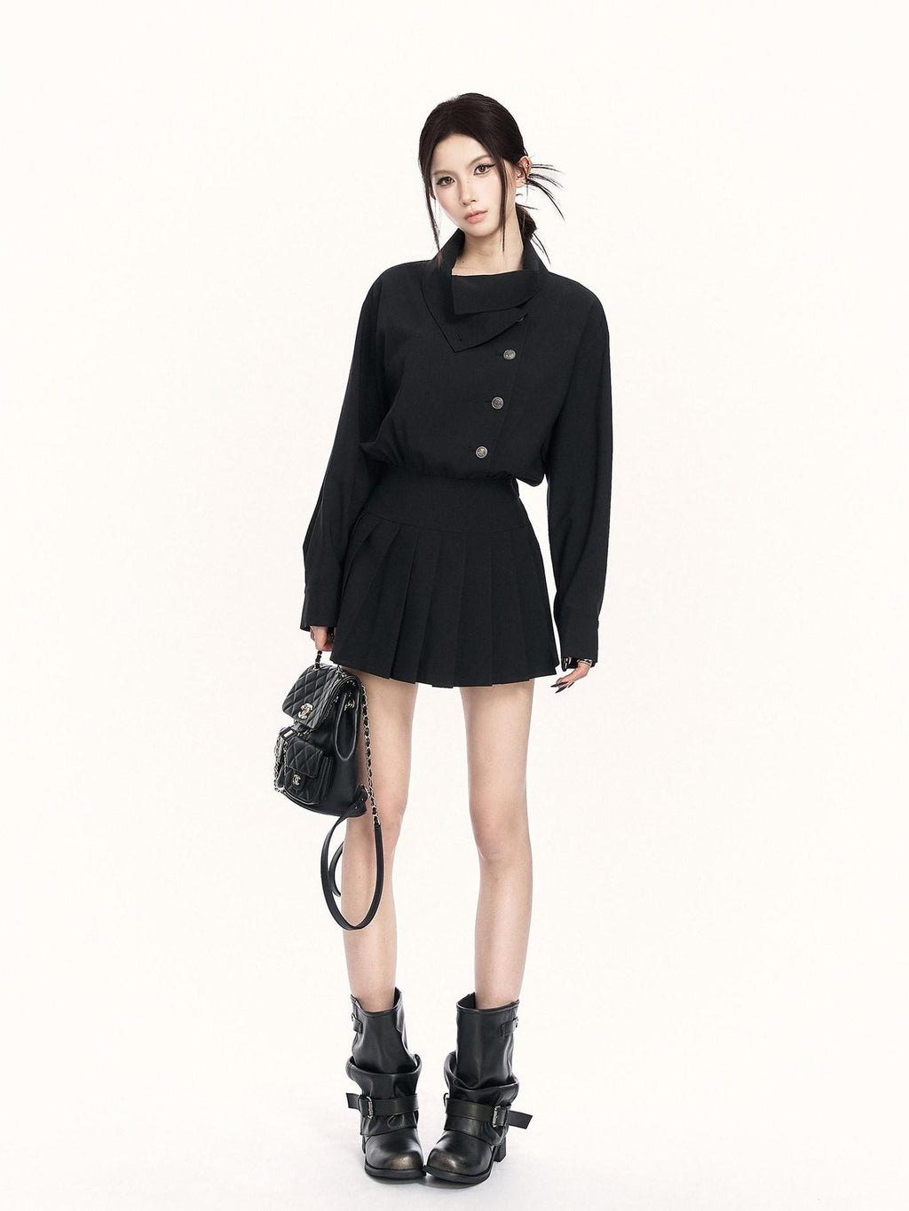 VOCK British Preppy Trench Style Pleated Women's Polyester Cotton Casual Mini Dresses