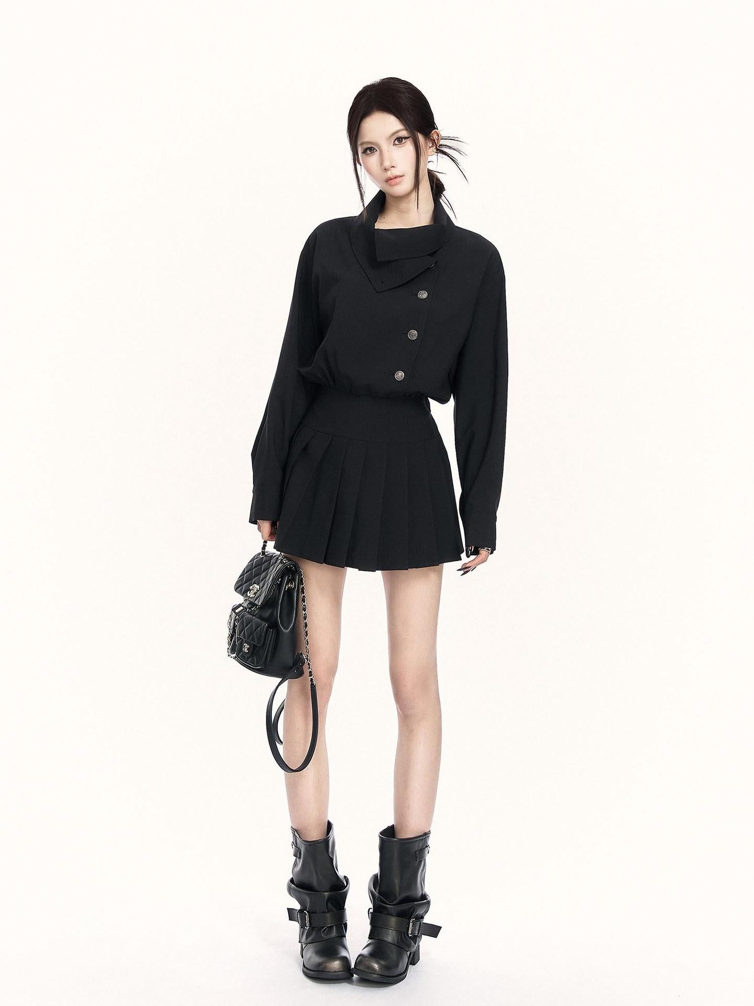 VOCK British Preppy Trench Style Pleated Women's Polyester Cotton Casual Mini Dresses