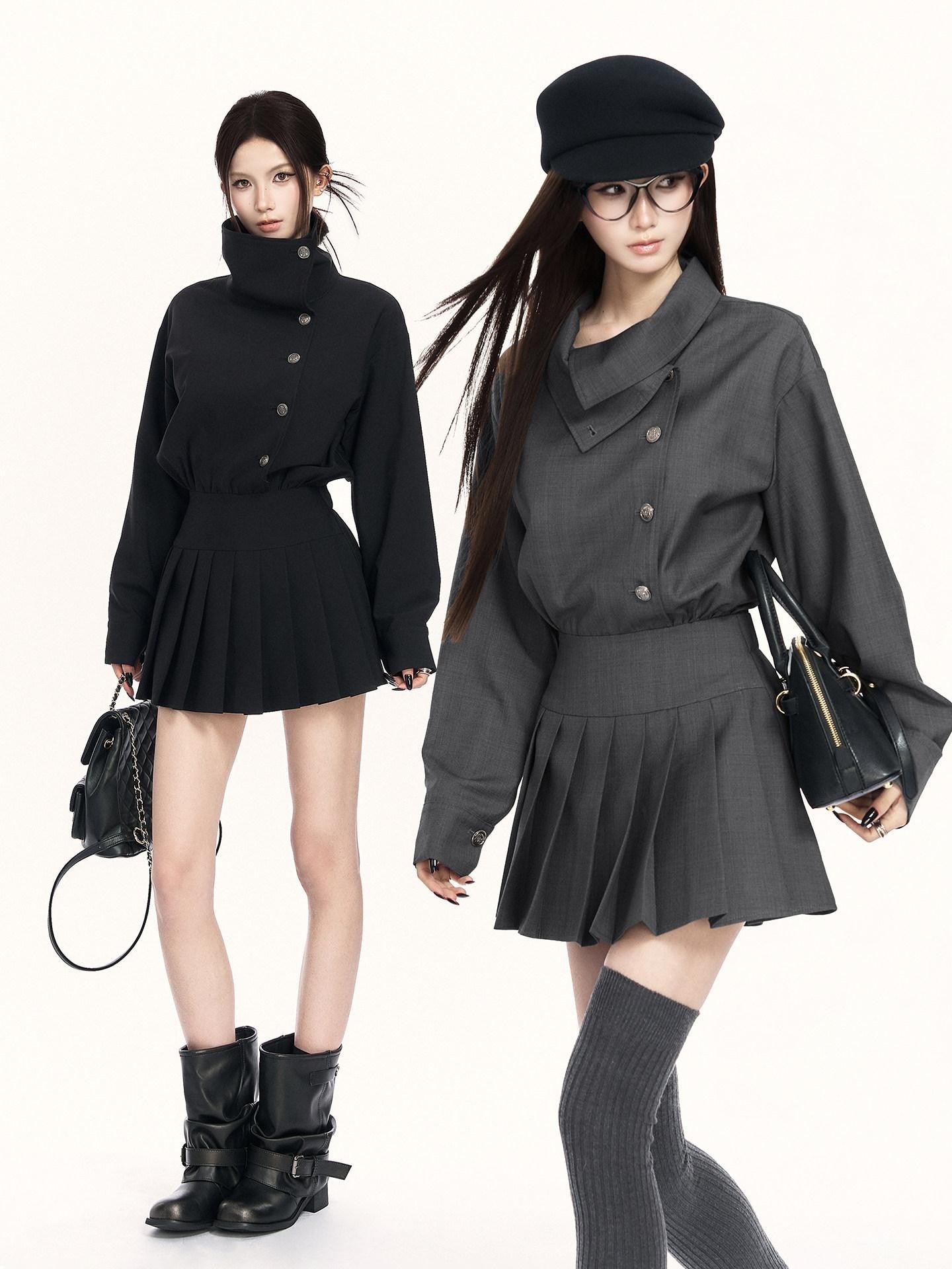 VOCK British Preppy Trench Style Pleated Women's Polyester Cotton Casual Mini Dresses