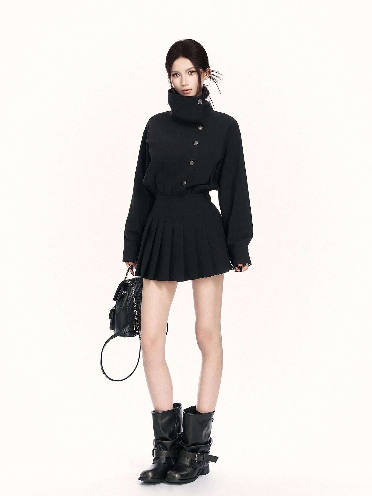 VOCK British Preppy Trench Style Pleated Women's Polyester Cotton Casual Mini Dresses