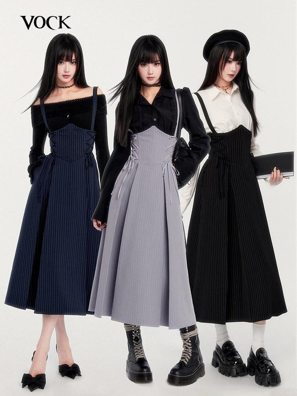 VOCK Bustier Tie Schoolgirl A Line Women's Polyester Spandex Slip Maxi Dresses
