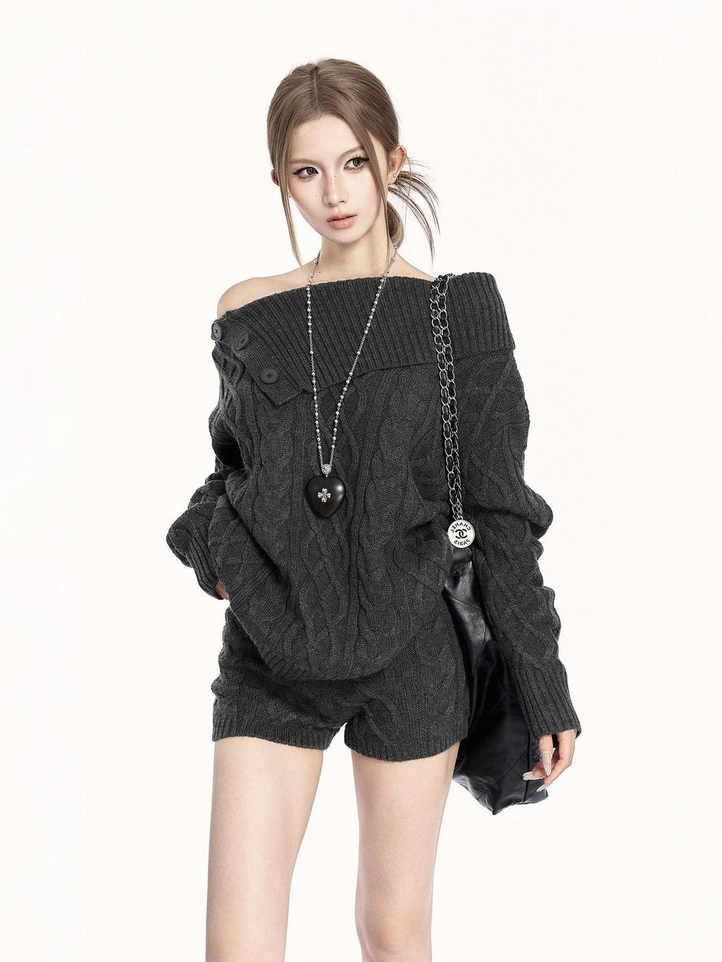 VOCK Cable Twist Asymmetric Button Shoulder Women's Acrylic Casual Top & Shorts Sets