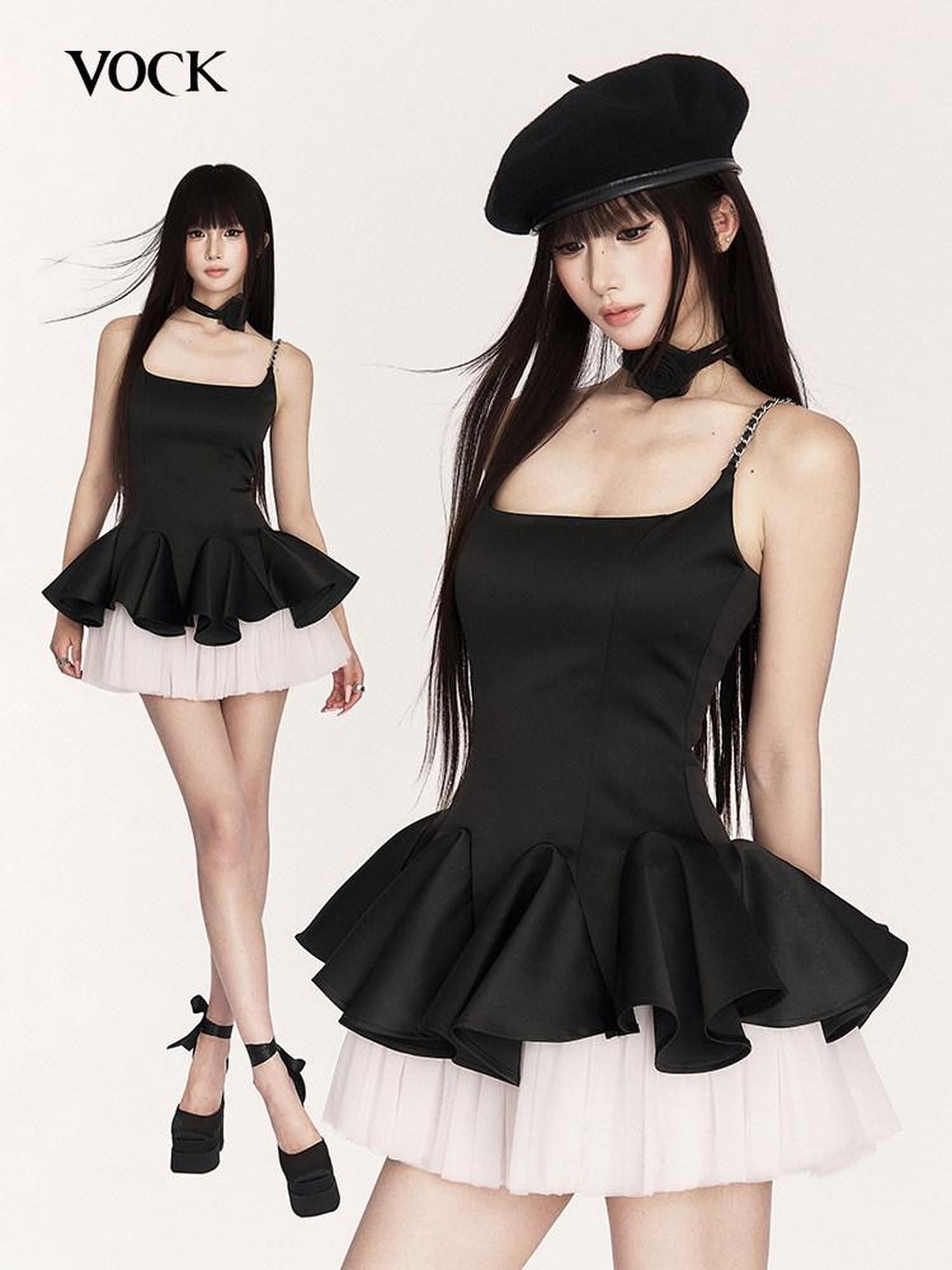VOCK Camellia Spliced Tulle Puff Strappy Women's Polyester Blend Slip Mini Dresses