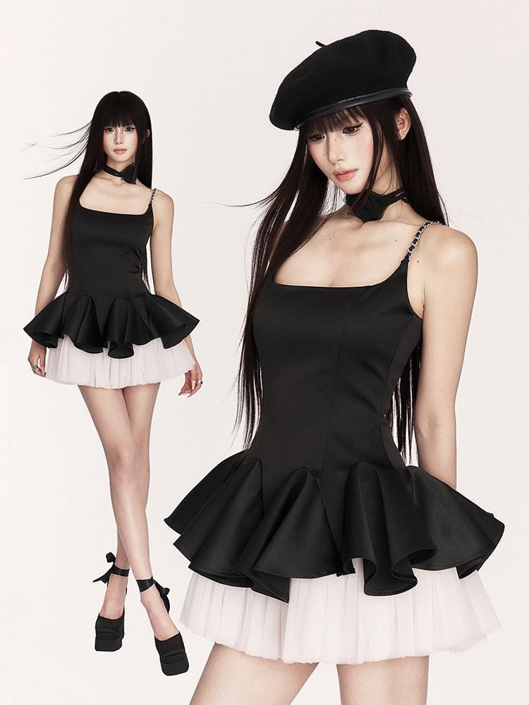 VOCK Camellia Spliced Tulle Puff Strappy Women's Polyester Blend Slip Mini Dresses