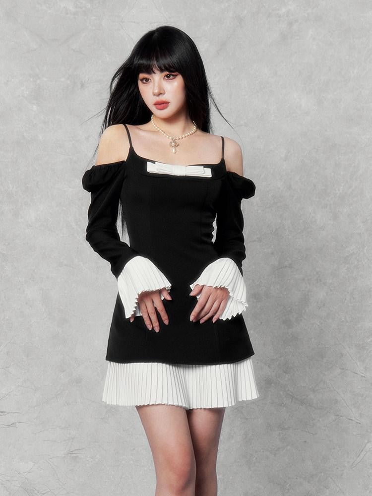 VOCK Camellia Square Neck Bell Sleeve Bow Splice Women's Polyester Slip Mini Dresses