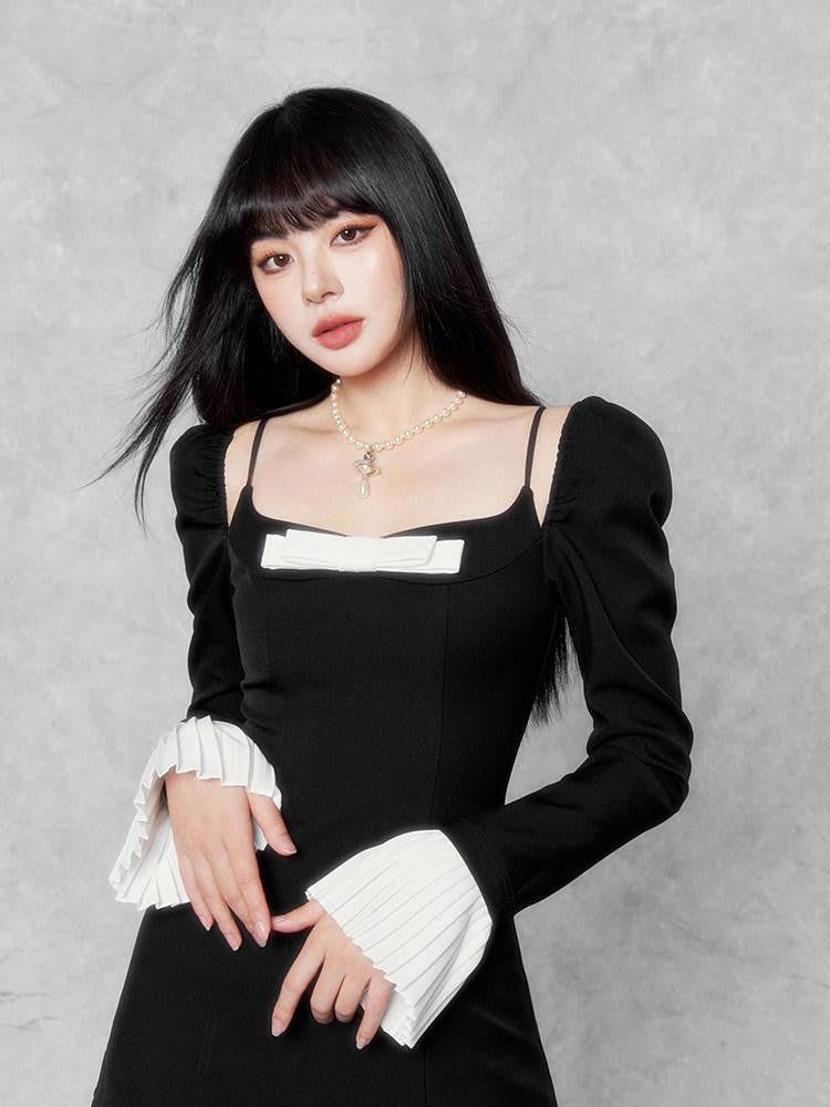 VOCK Camellia Square Neck Bell Sleeve Bow Splice Women's Polyester Slip Mini Dresses