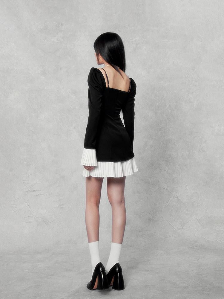 VOCK Camellia Square Neck Bell Sleeve Bow Splice Women's Polyester Slip Mini Dresses