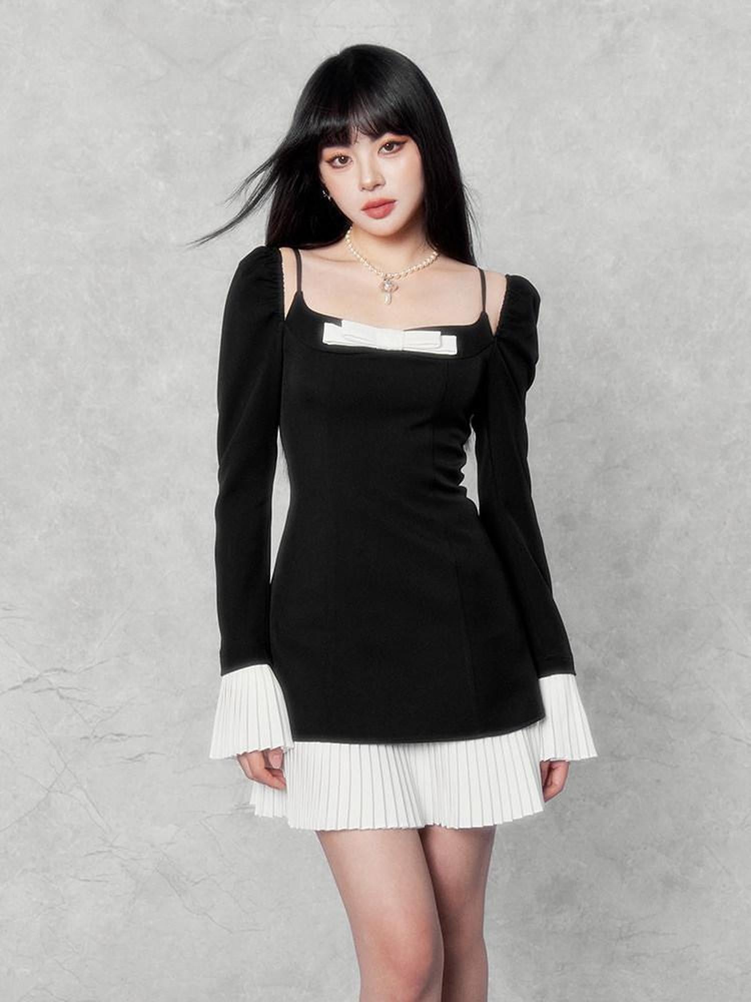 VOCK Camellia Square Neck Bell Sleeve Bow Splice Women's Polyester Slip Mini Dresses