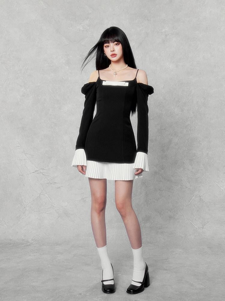 VOCK Camellia Square Neck Bell Sleeve Bow Splice Women's Polyester Slip Mini Dresses