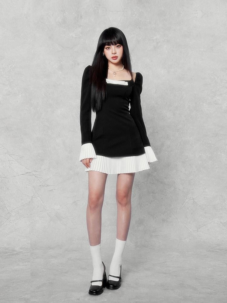 VOCK Camellia Square Neck Bell Sleeve Bow Splice Women's Polyester Slip Mini Dresses