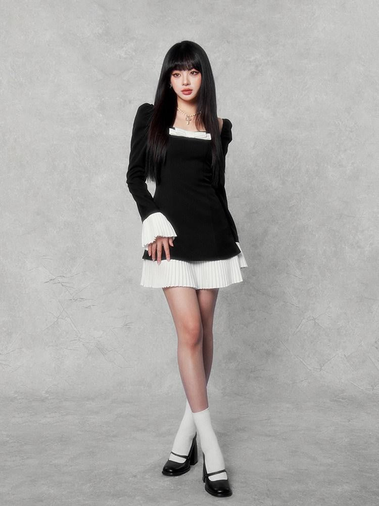 VOCK Camellia Square Neck Bell Sleeve Bow Splice Women's Polyester Slip Mini Dresses