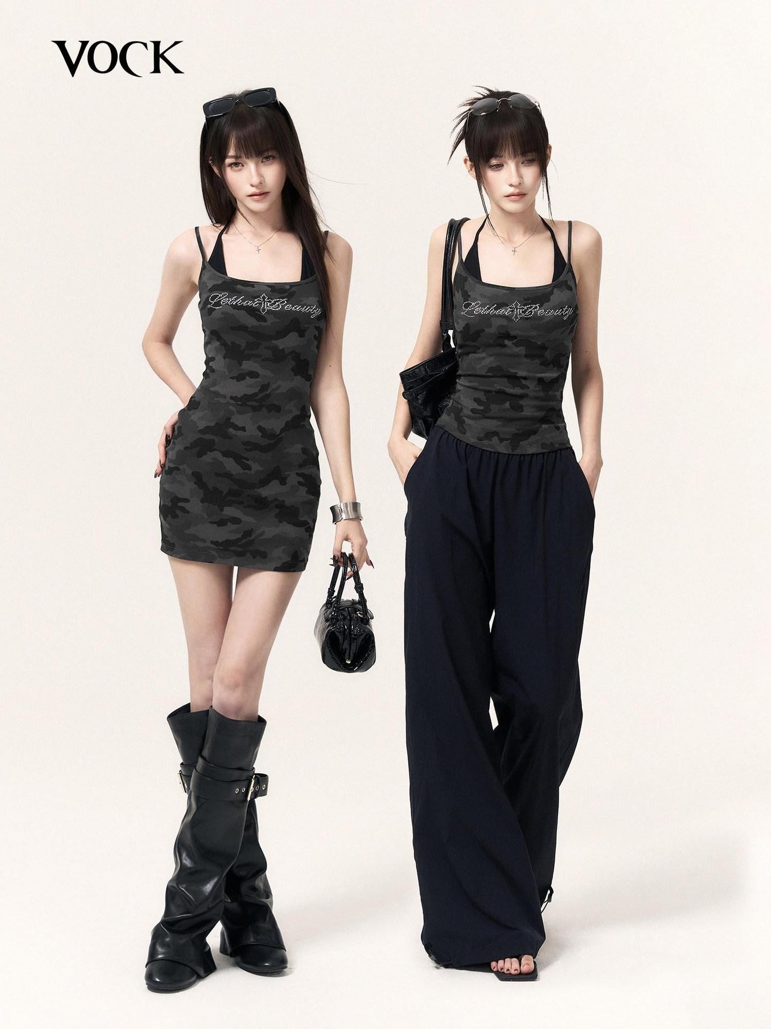 VOCK Camouflage Rhinestone Faux Two Piece Women's Cotton Blend Bodycon Mini Dresses
