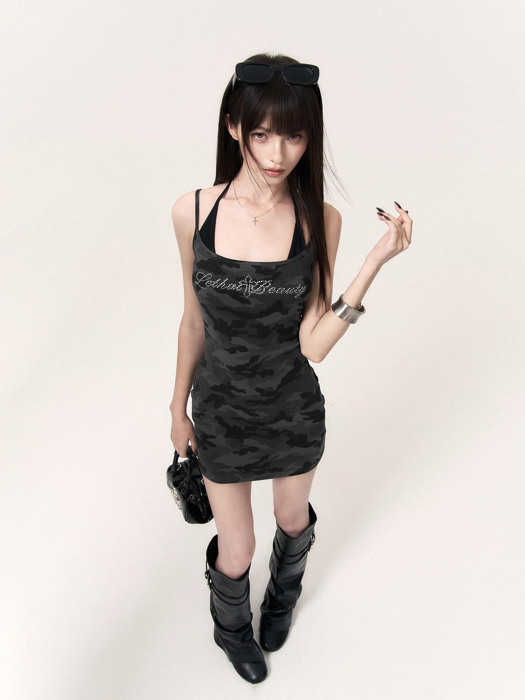 VOCK Camouflage Rhinestone Faux Two Piece Women's Cotton Blend Bodycon Mini Dresses