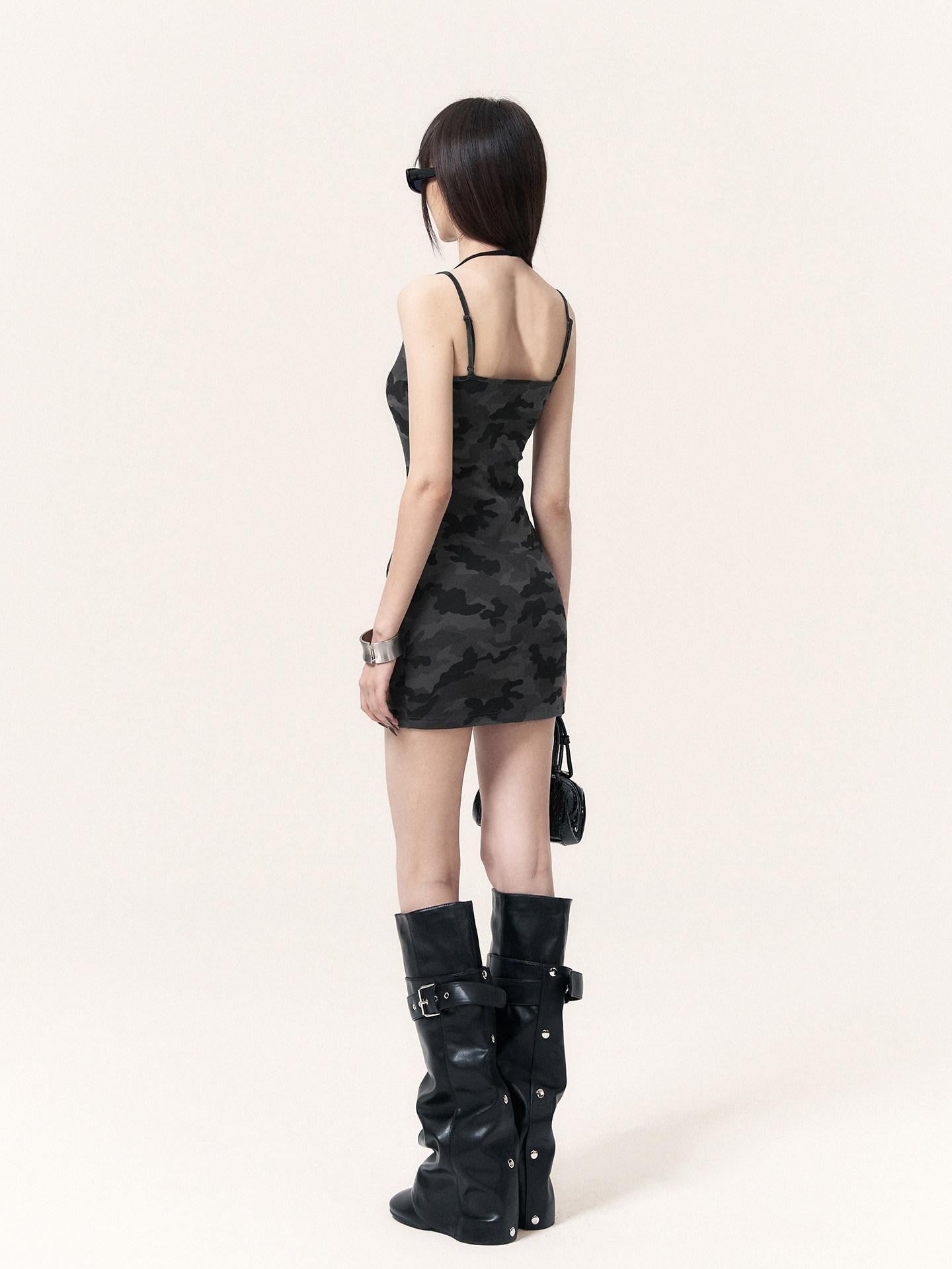 VOCK Camouflage Rhinestone Faux Two Piece Women's Cotton Blend Bodycon Mini Dresses