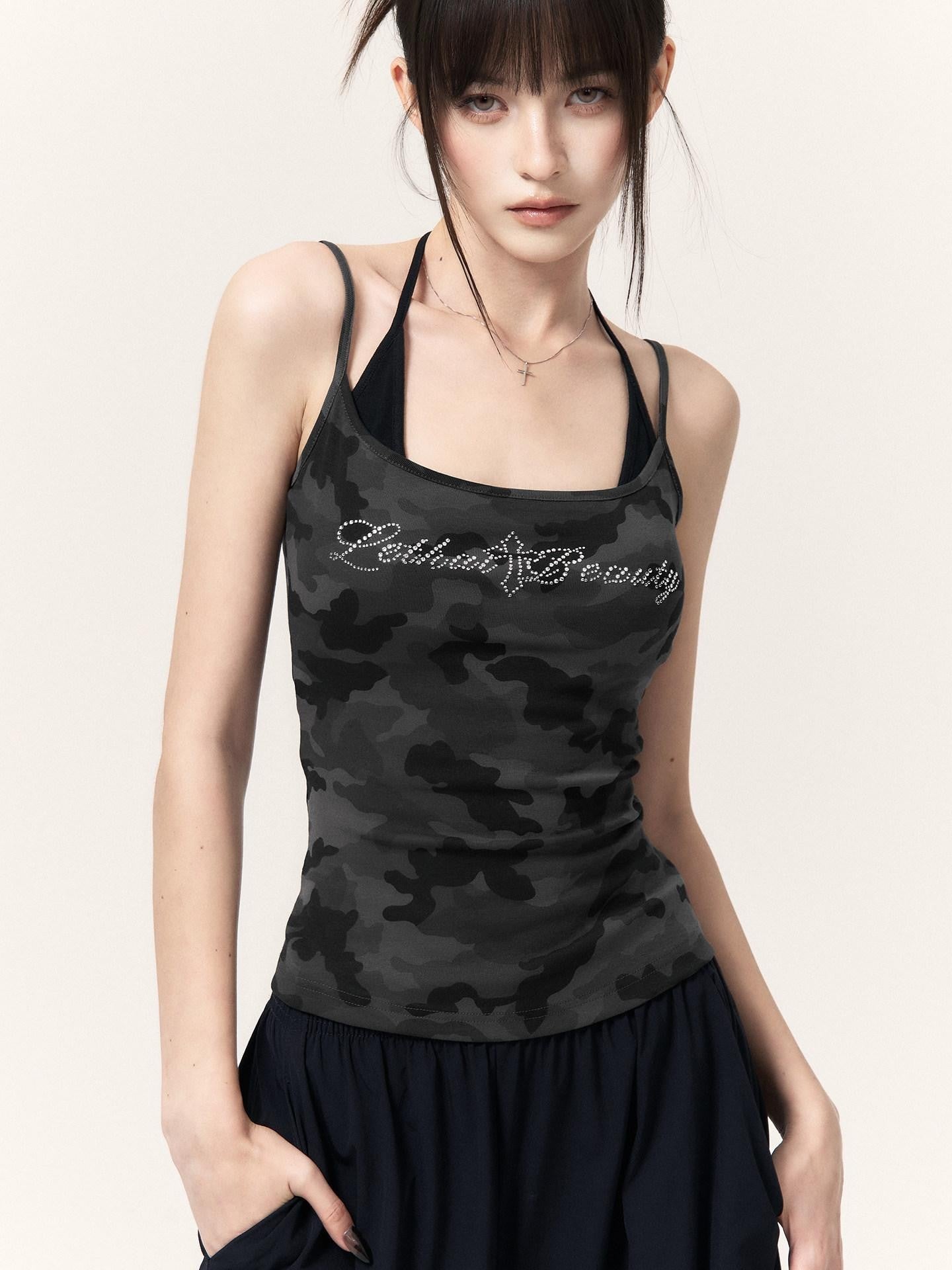 VOCK Camouflage Rhinestone Faux Two Piece Women's Cotton Blend Bodycon Mini Dresses