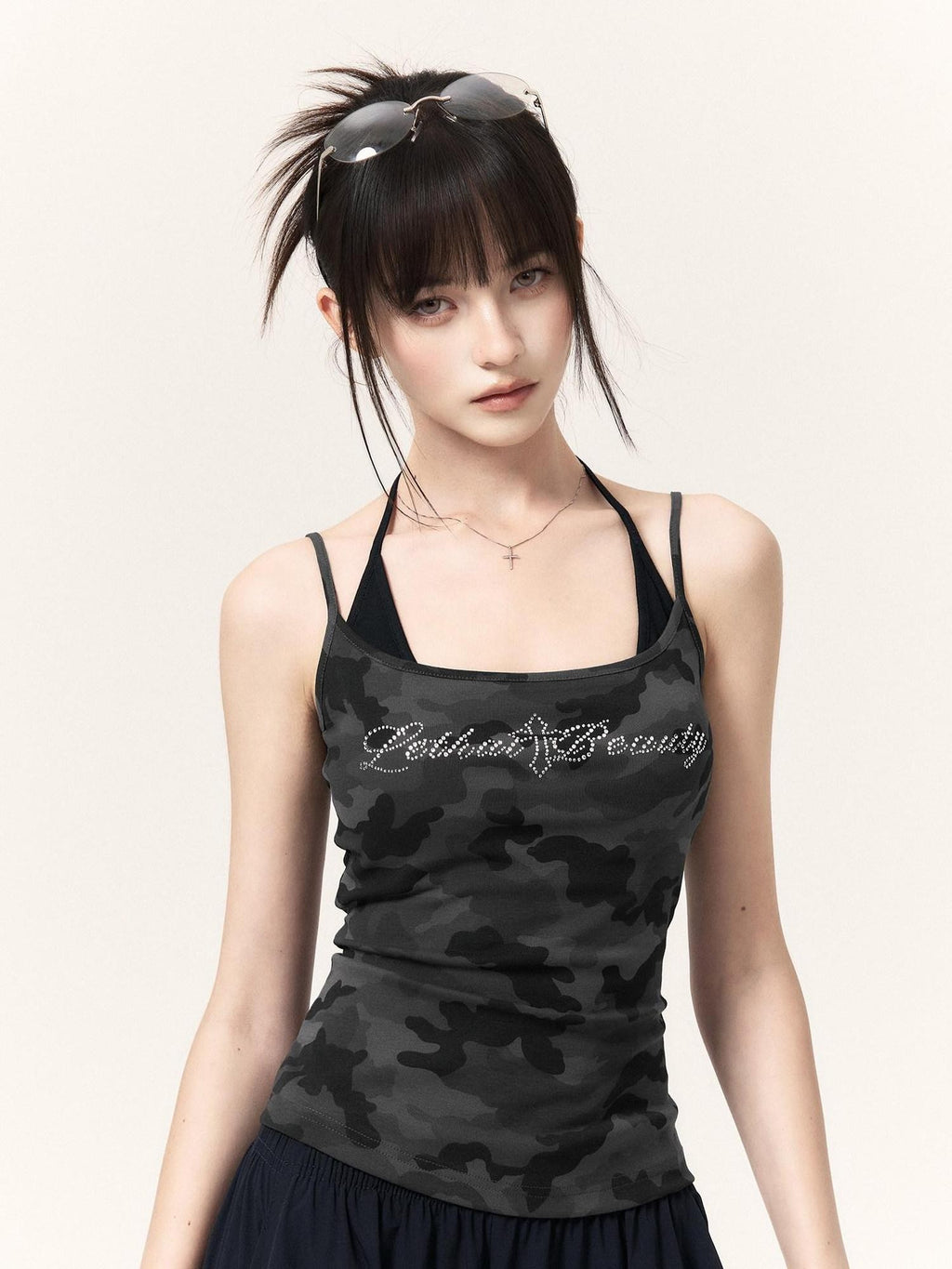 VOCK Camouflage Rhinestone Faux Two Piece Women's Cotton Blend Bodycon Mini Dresses