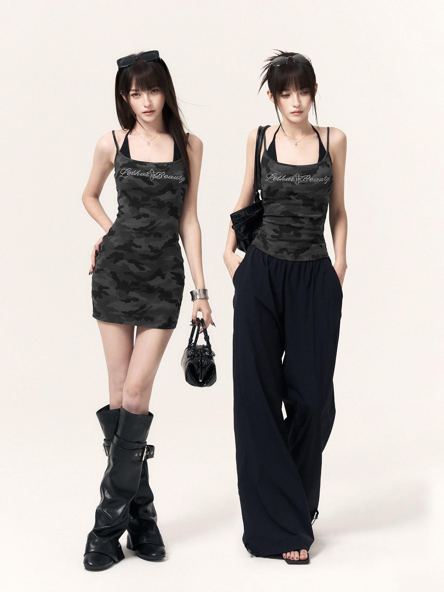 VOCK Camouflage Rhinestone Faux Two Piece Women's Cotton Blend Bodycon Mini Dresses