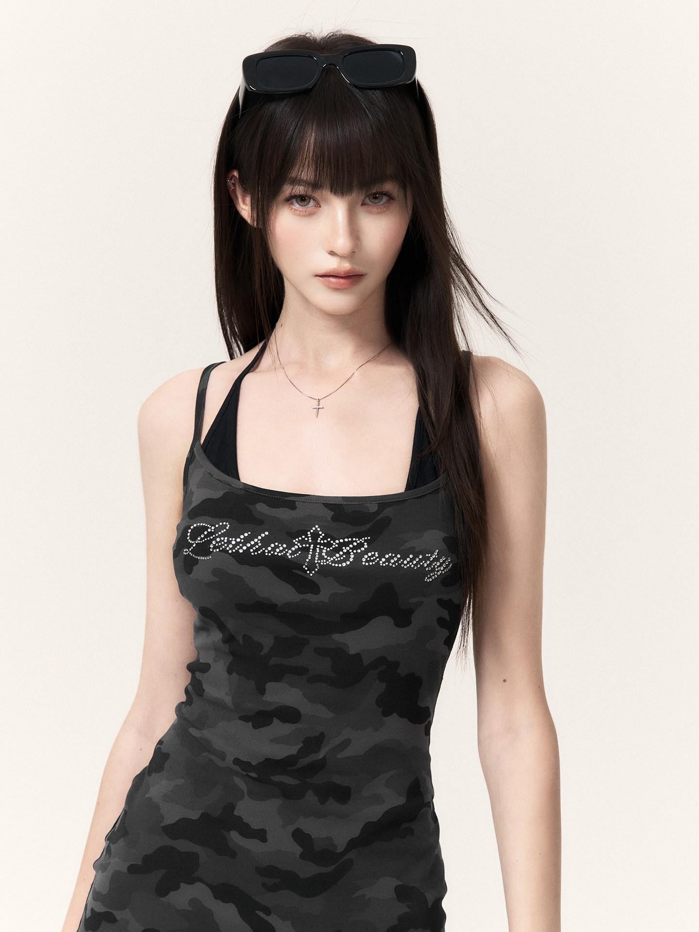 VOCK Camouflage Rhinestone Faux Two Piece Women's Cotton Blend Bodycon Mini Dresses