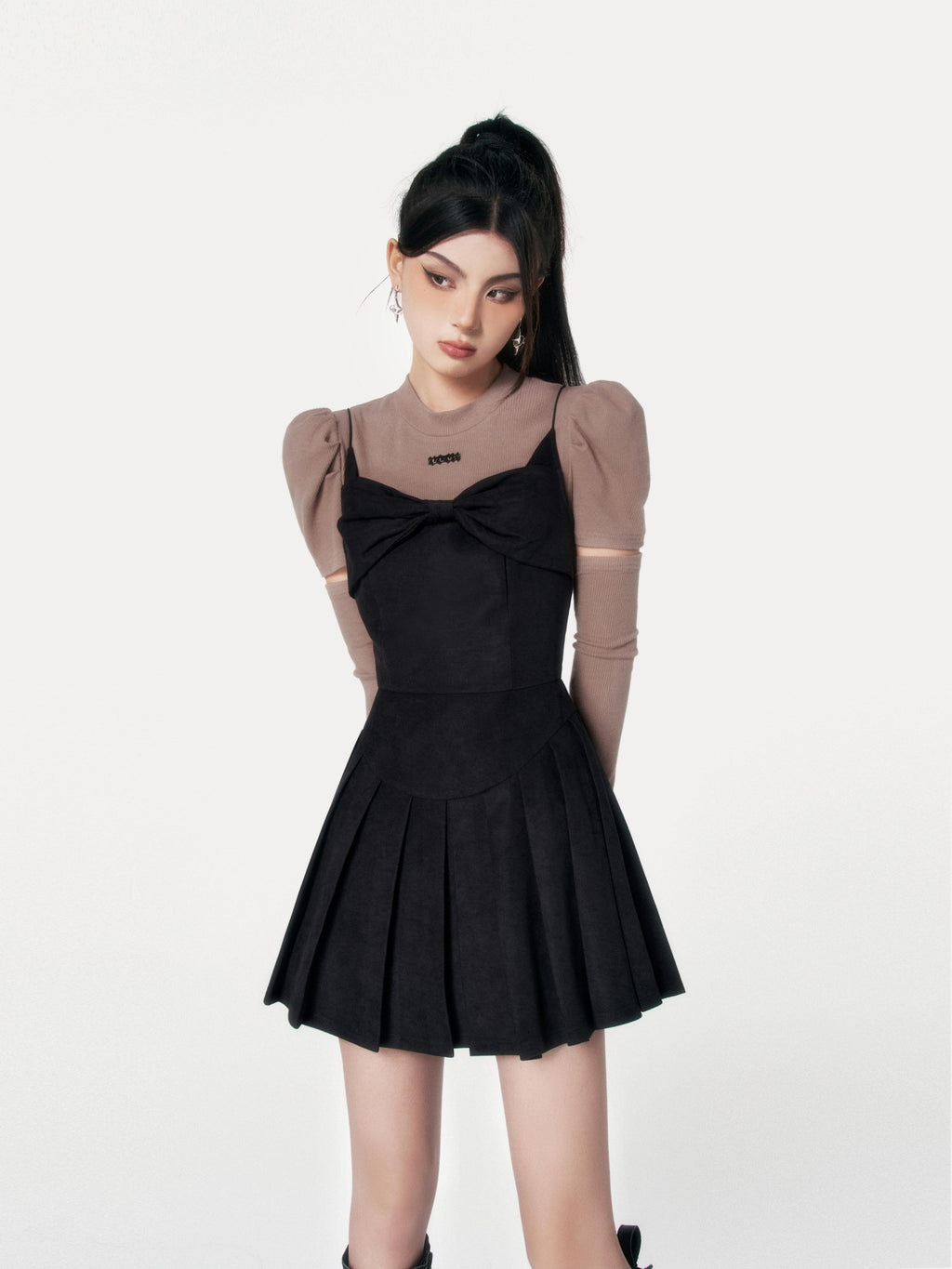 VOCK Caramel Pleated Bow Strappy Aline Women's Polyester Spandex Slip Mini Dresses