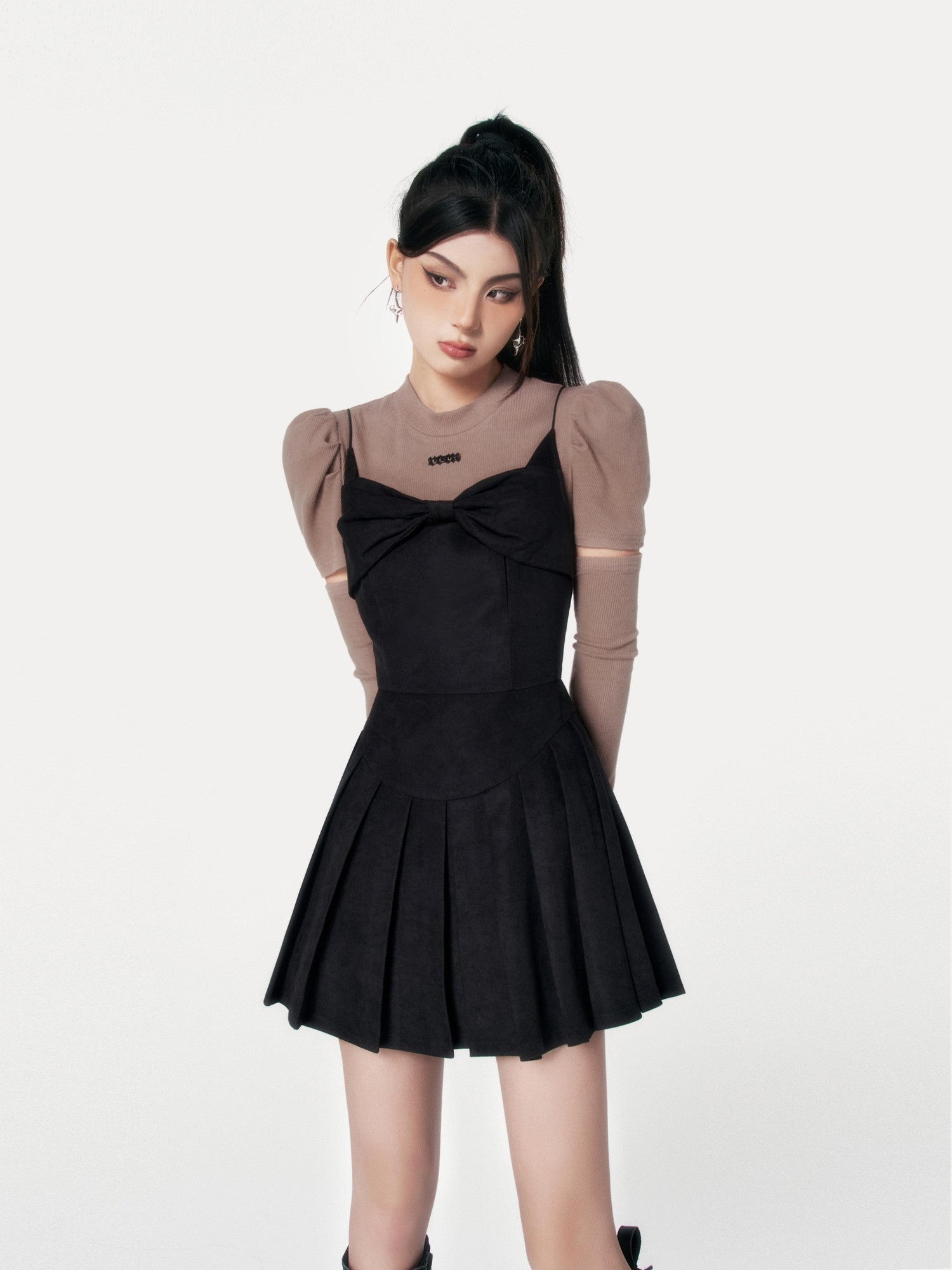 VOCK Caramel Pleated Bow Strappy Aline Women's Polyester Spandex Slip Mini Dresses
