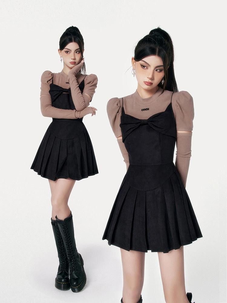 VOCK Caramel Pleated Bow Strappy Aline Women's Polyester Spandex Slip Mini Dresses