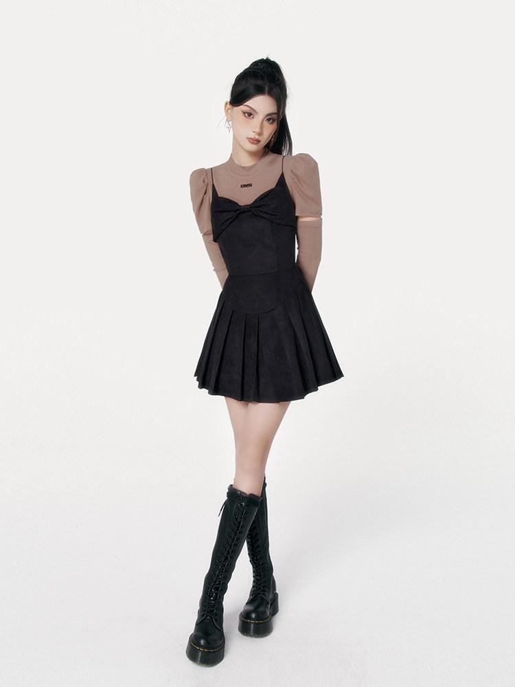 VOCK Caramel Pleated Bow Strappy Aline Women's Polyester Spandex Slip Mini Dresses
