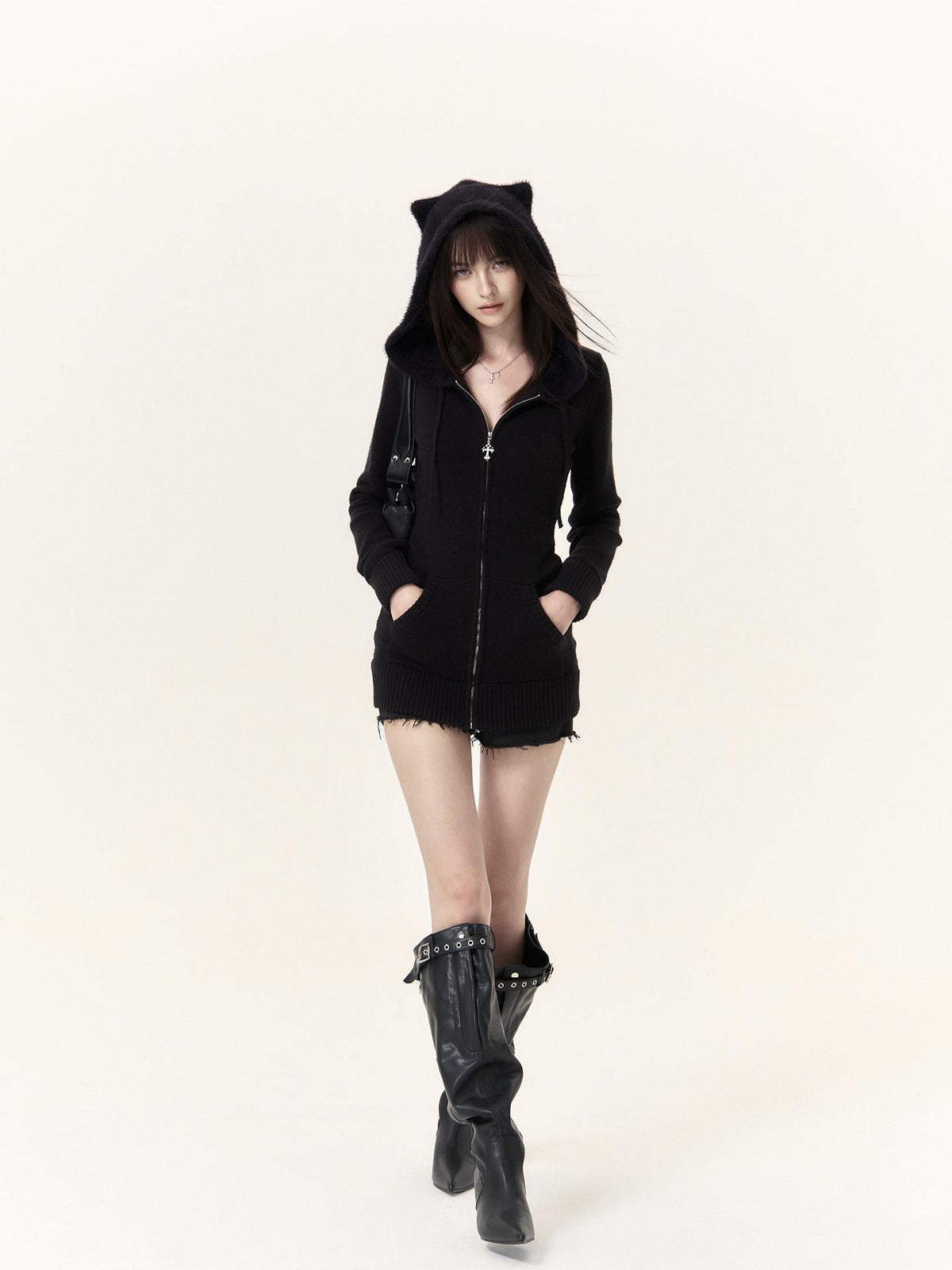 VOCK Cat Ear Hooded Slim Fit Women's Knit Zip-up Hoodies