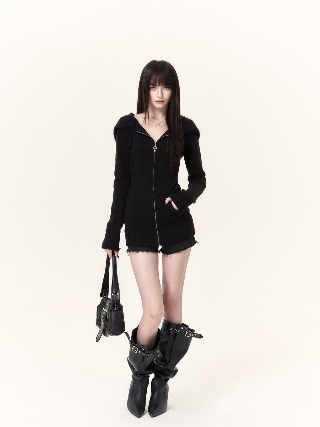 VOCK Cat Ear Hooded Slim Fit Women's Knit Zip-up Hoodies