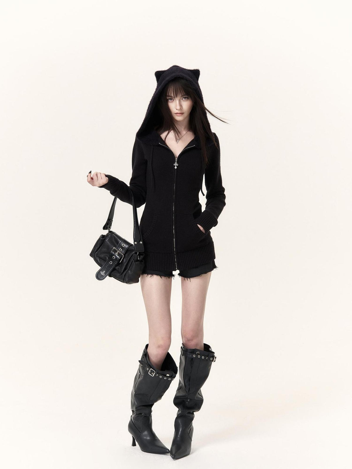 VOCK Cat Ear Hooded Slim Fit Women's Knit Zip-up Hoodies
