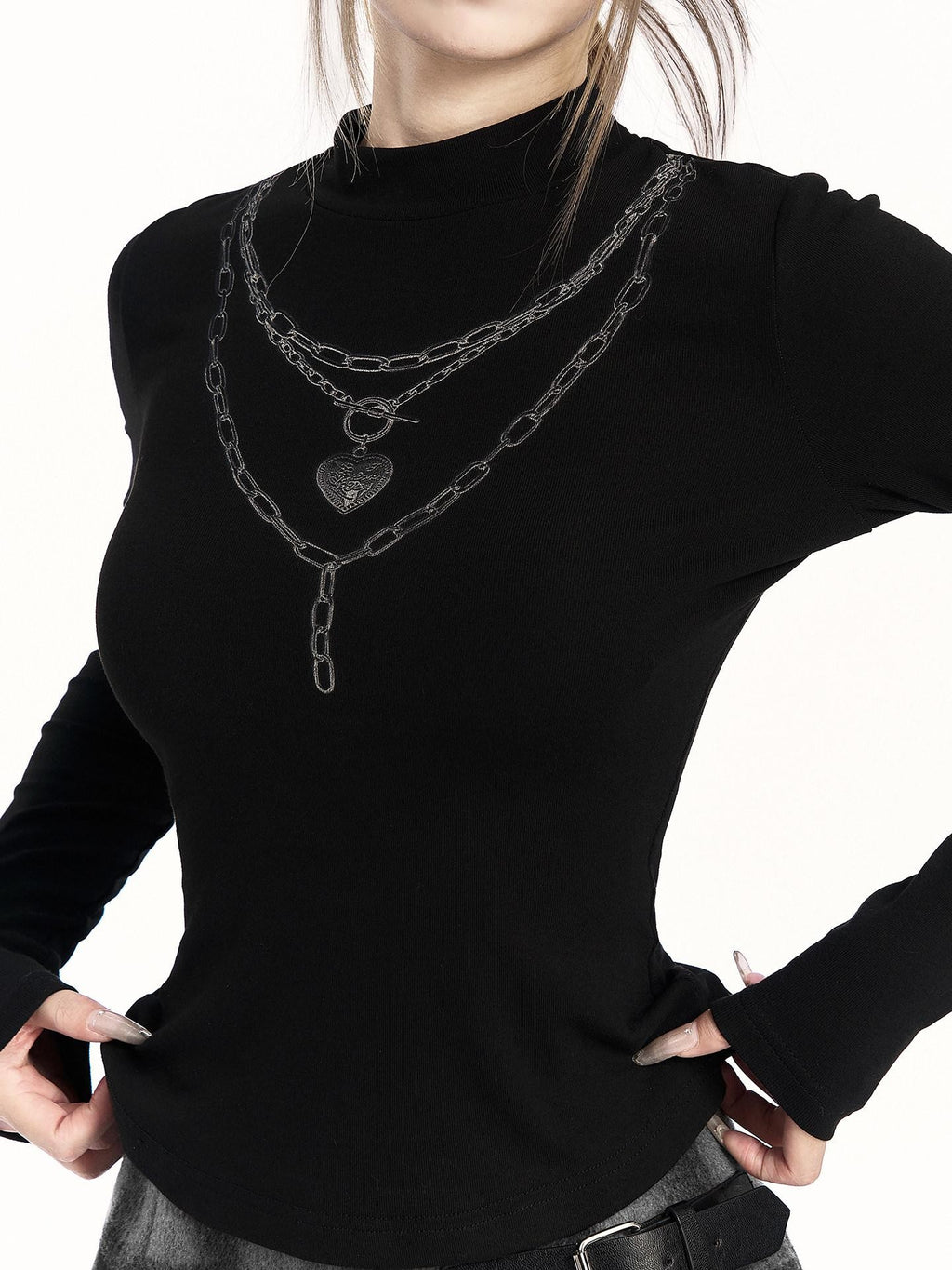 VOCK Chain Print Mock Neck Slim Fit Women's Cotton Spandex Long Sleeve T-shirts