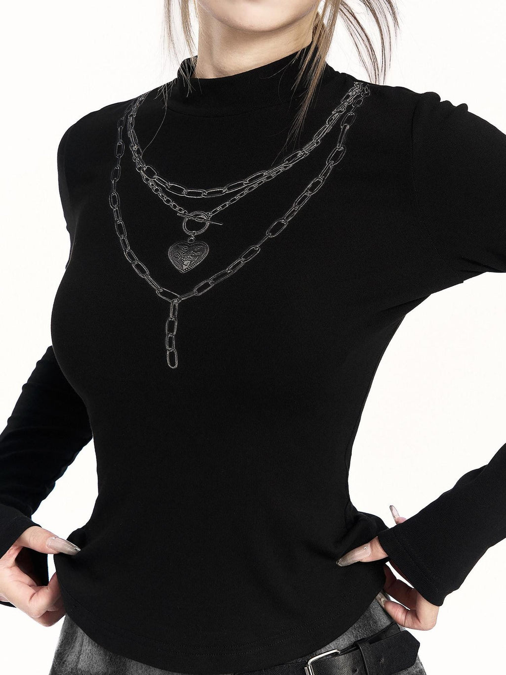VOCK Chain Print Mock Neck Slim Fit Women's Cotton Spandex Long Sleeve T-shirts