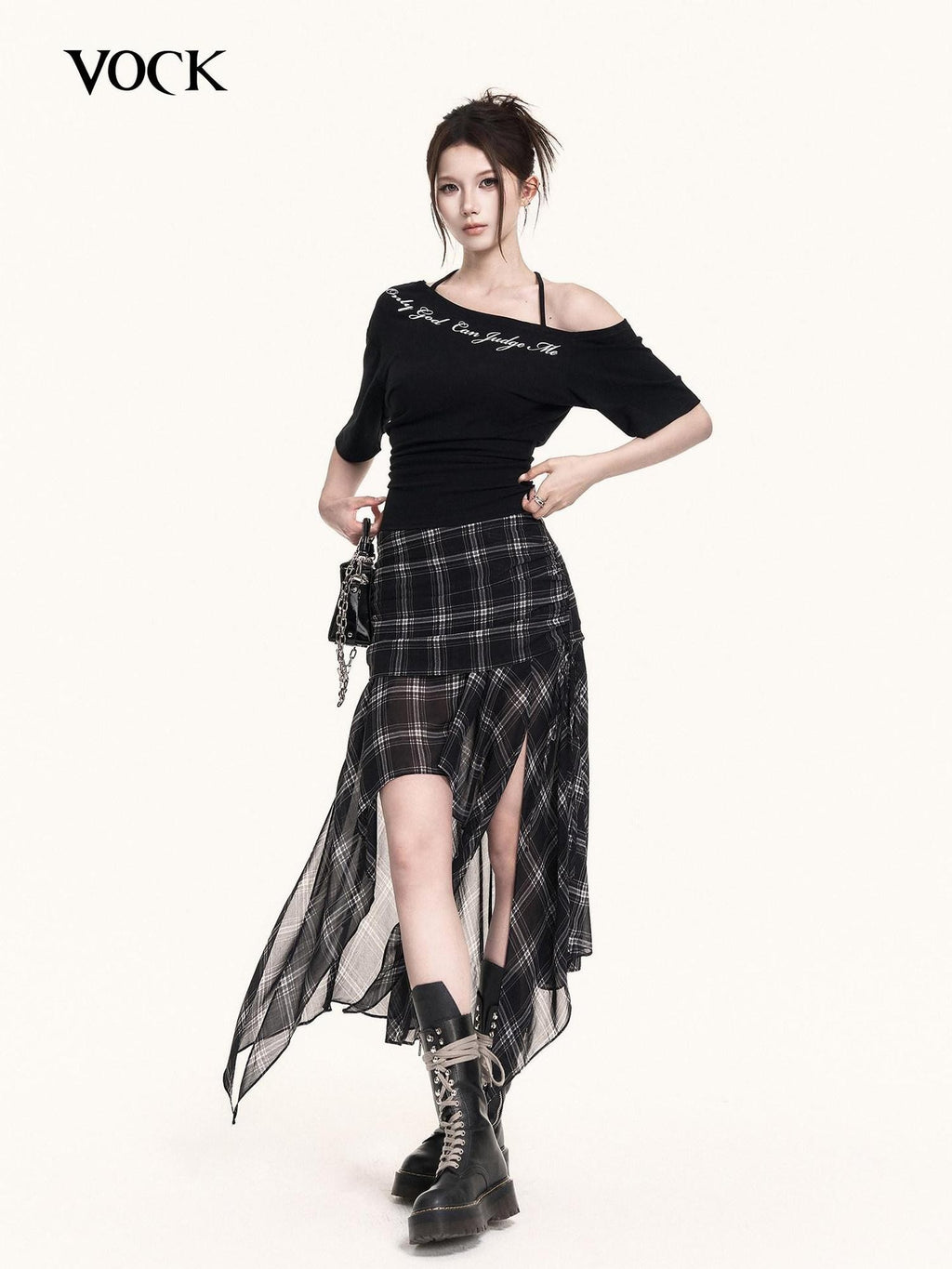 VOCK Checkered Asymmetric Pleated Side Slit A Line Women's Polyester Midi Skirts